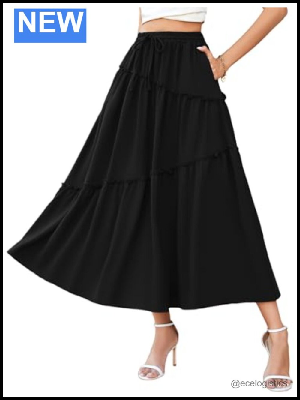 Women's Maxi Skirt Smocked Tiered High Waisted A-Line Flowy with Pockets